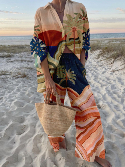 Women's Summer Print 2 Piece Linen Pants Set Long Sleeve Button Down Tops Wide Leg Pants Sleepwear Sets Loungewear