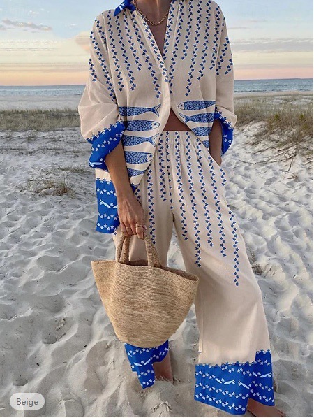 Women's Summer Print 2 Piece Linen Pants Set Long Sleeve Button Down Tops Wide Leg Pants Sleepwear Sets Loungewear