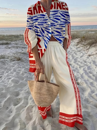 Women's Summer Print 2 Piece Linen Pants Set Long Sleeve Button Down Tops Wide Leg Pants Sleepwear Sets Loungewear