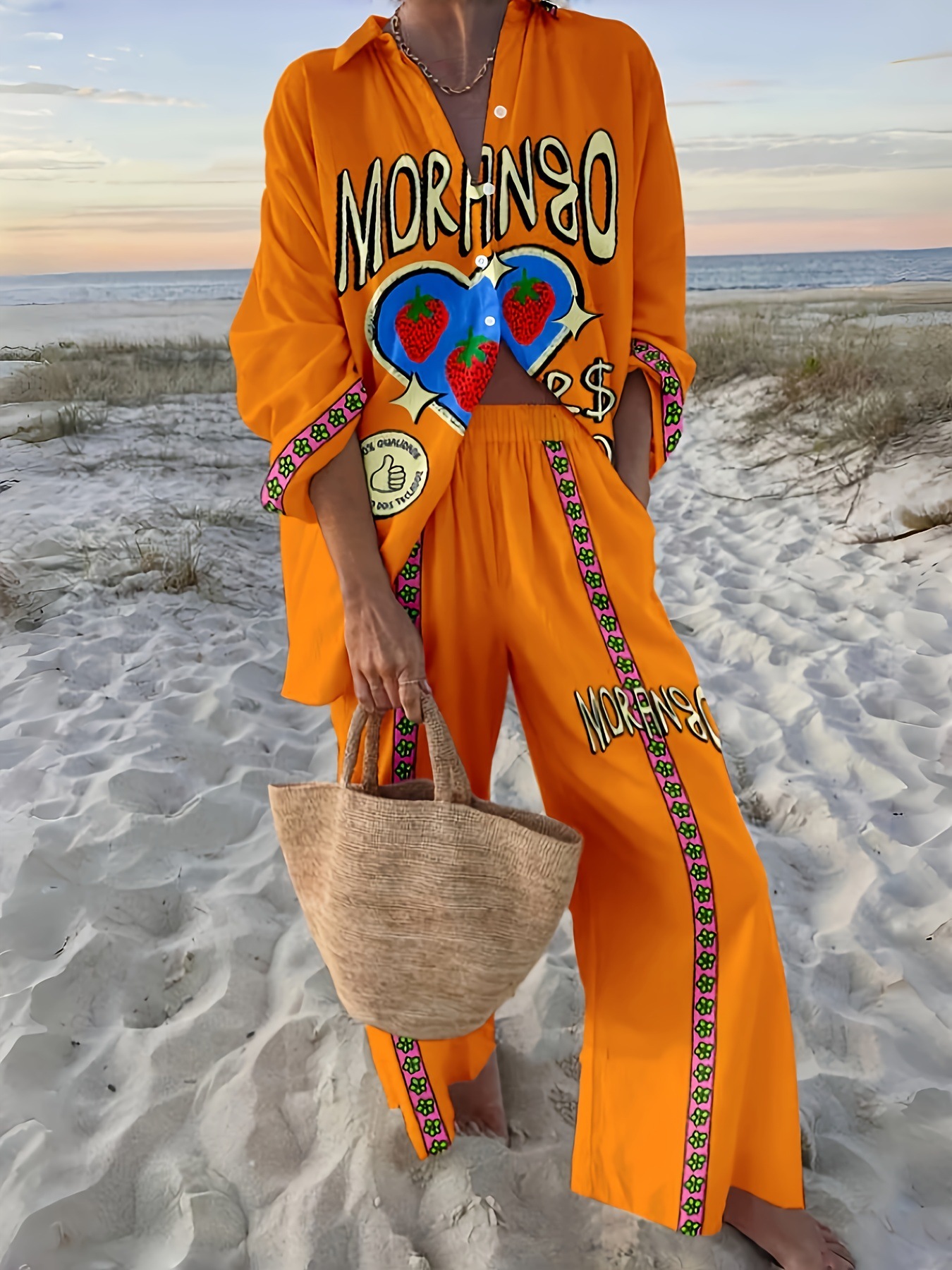 Women's Summer Print 2 Piece Linen Pants Set Long Sleeve Button Down Tops Wide Leg Pants Sleepwear Sets Loungewear