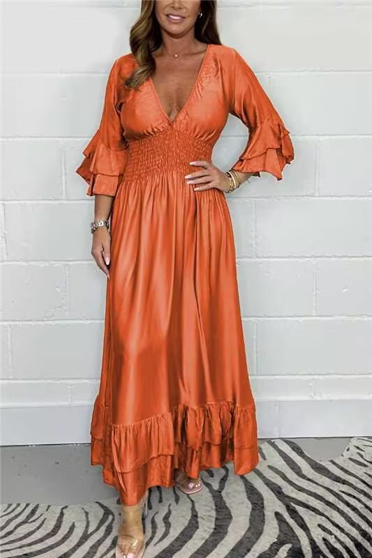 🔥Solid Color Satin Ruffle Maxi Dress