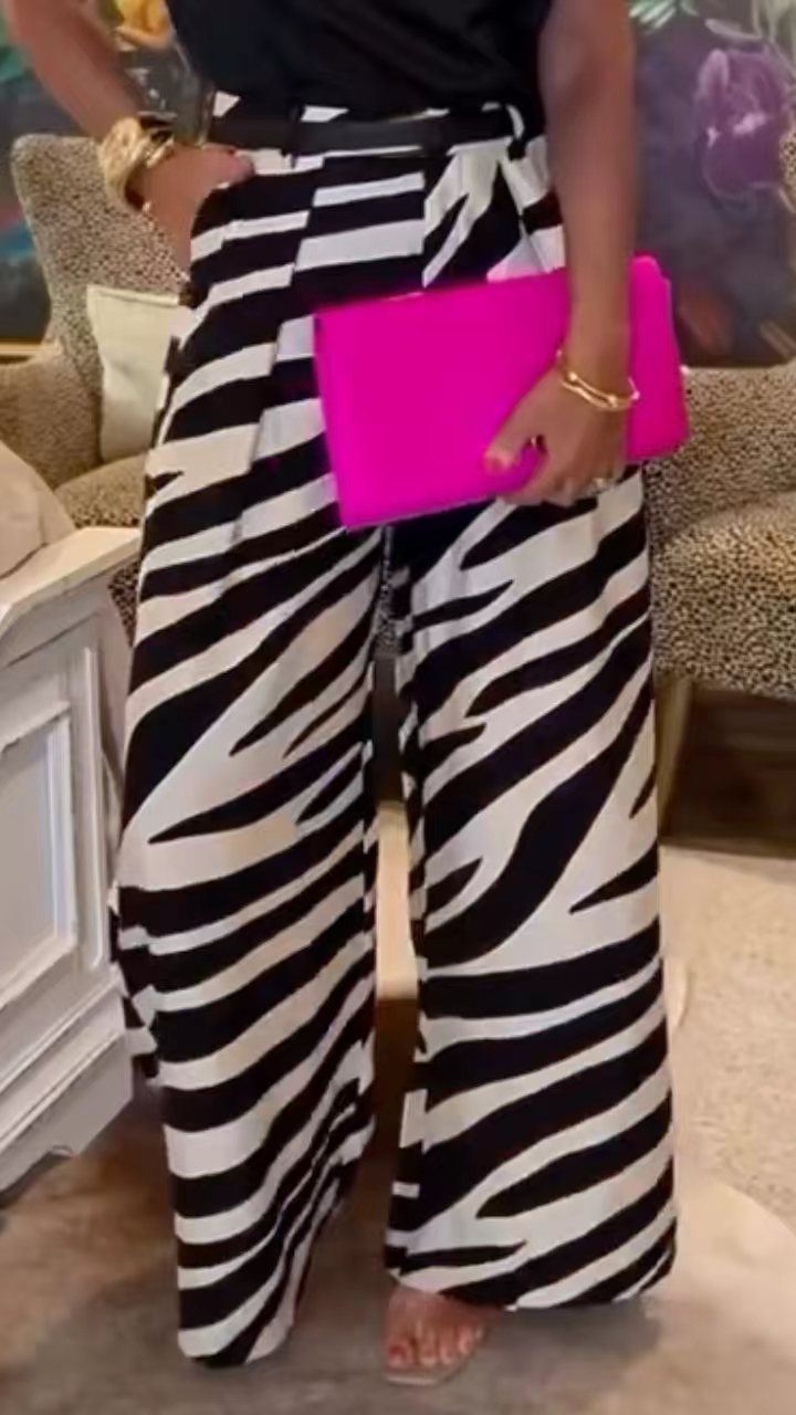 Zebra Print High Waist Pleated Wide Leg Casual Pants