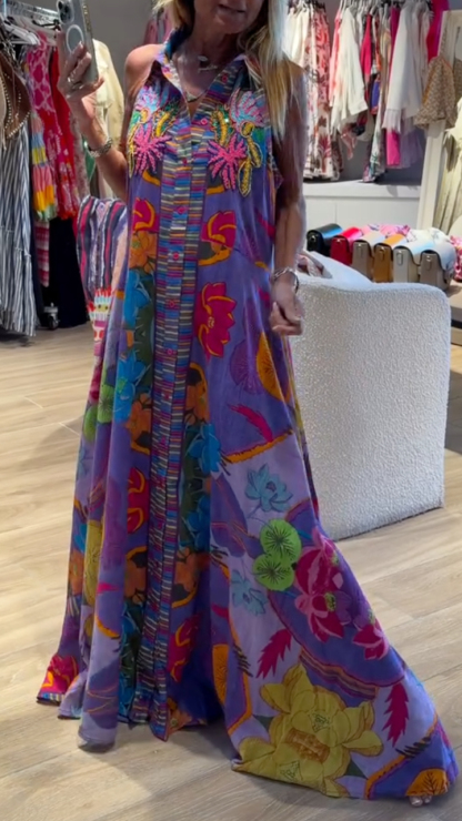 Purple Floral Print Sleeveless Maxi Shirt Dress