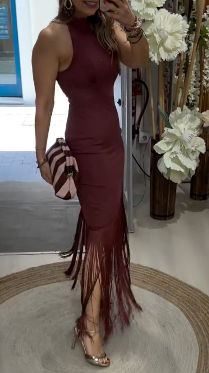 Halter Neck Fringe Hem Midi Dress