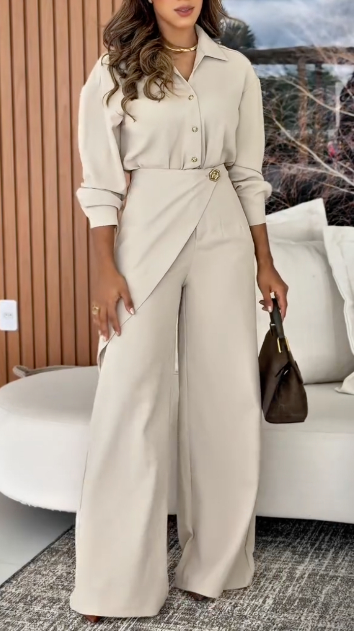 Collared Shirt & Wrap‐Waist Wide Leg Pants Co‐Ord Set