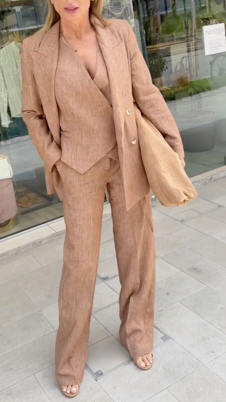 Brown Linen Blazer, Vest & Wide Leg Pants 3‐Piece Set