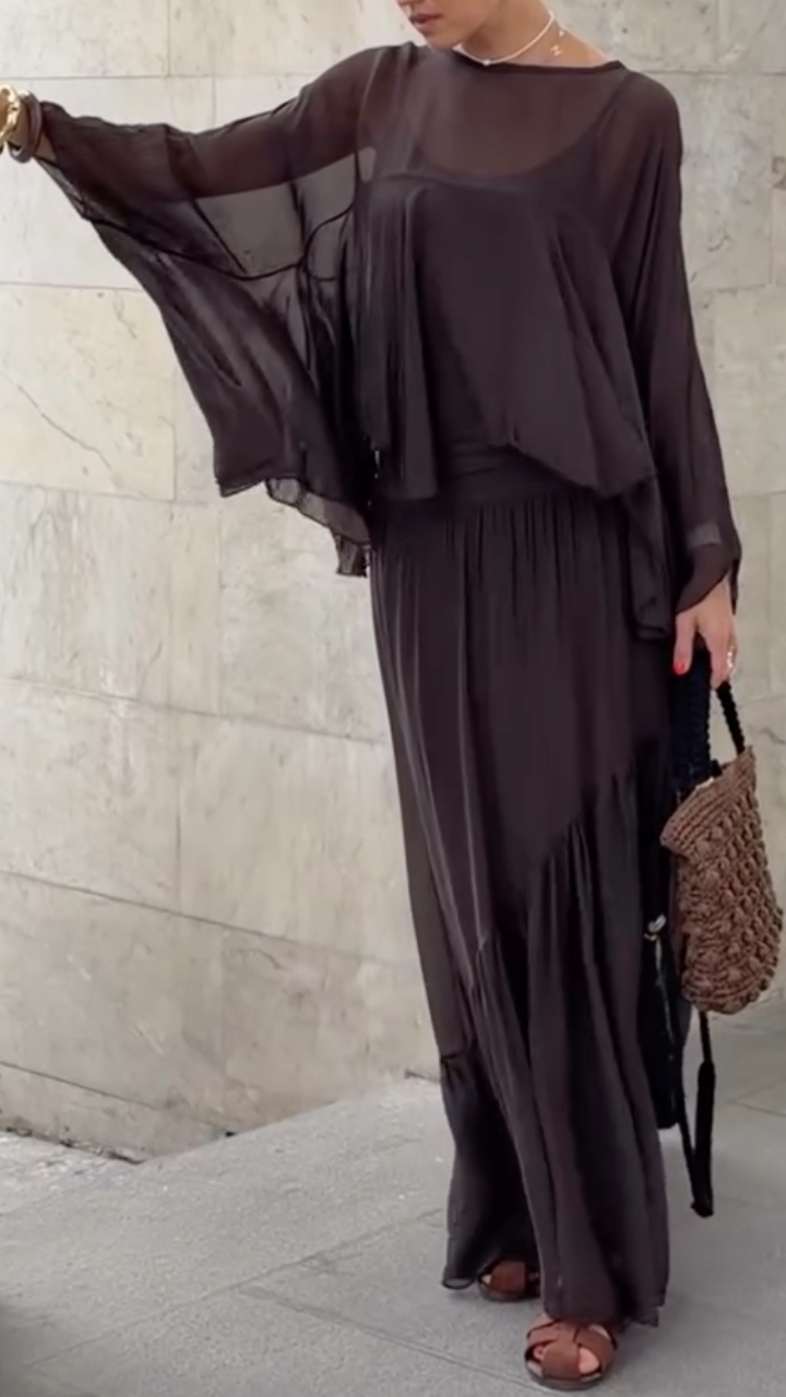 Sheer Ruffle Top & Pleated Maxi Skirt Co‐Ord Set