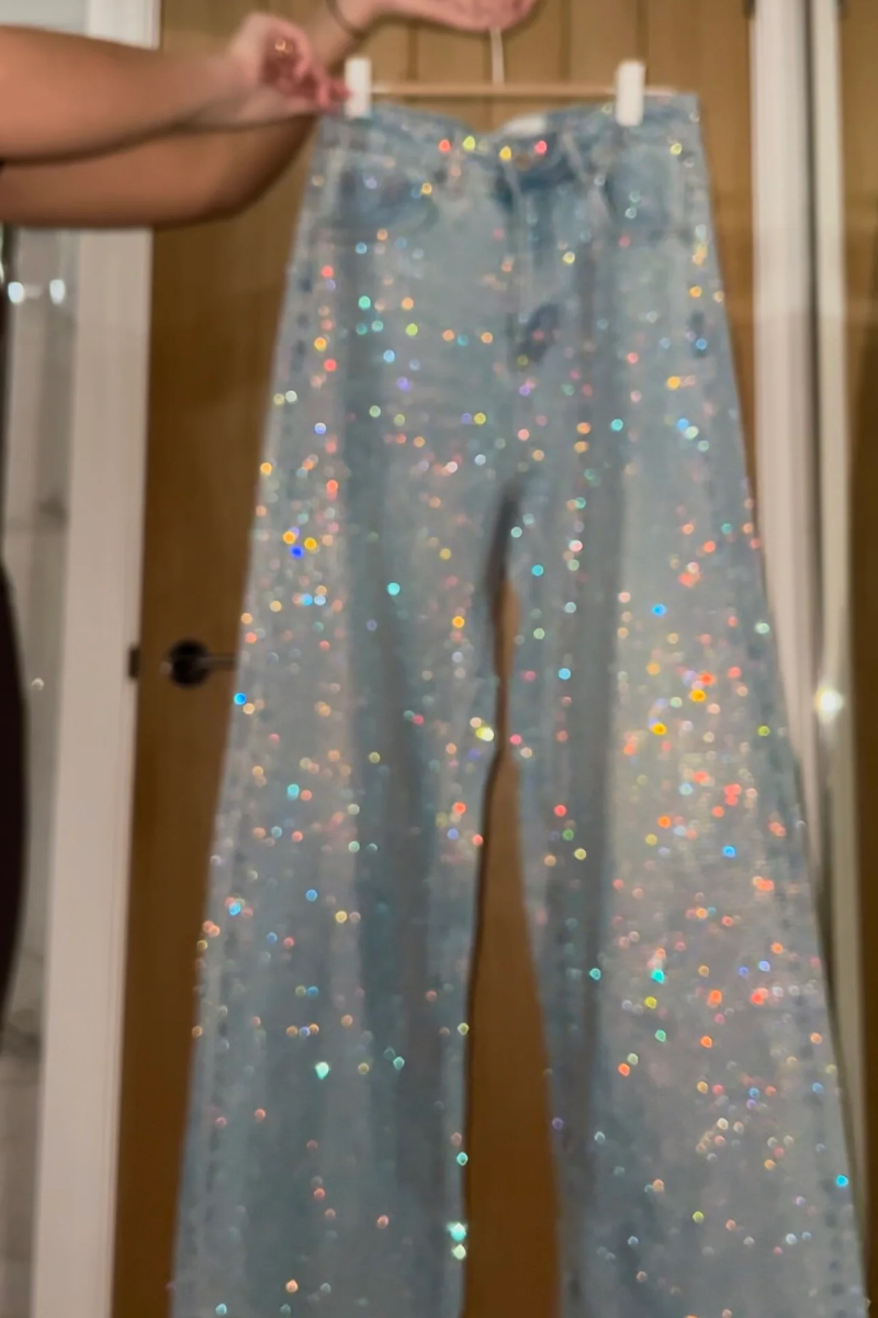 Rhinestone Embellished High Waist Wide Leg Straight Denim Jeans