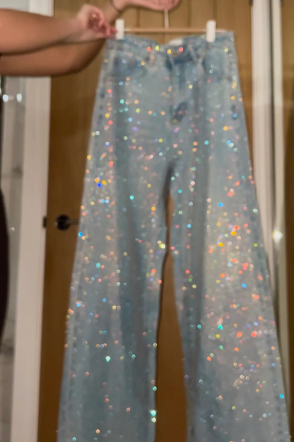 Rhinestone Embellished High Waist Wide Leg Straight Denim Jeans