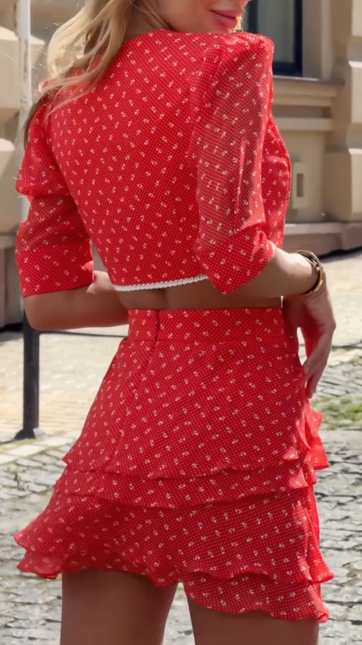 Red Floral Two-Piece Mini Dress Set