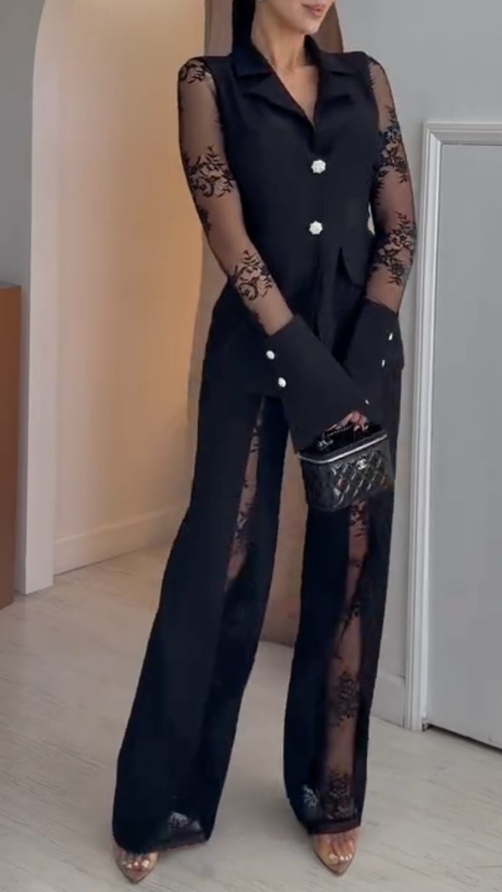 Lace‐Insert Blazer & Cutout Wide Leg Pants Co‐Ord Set