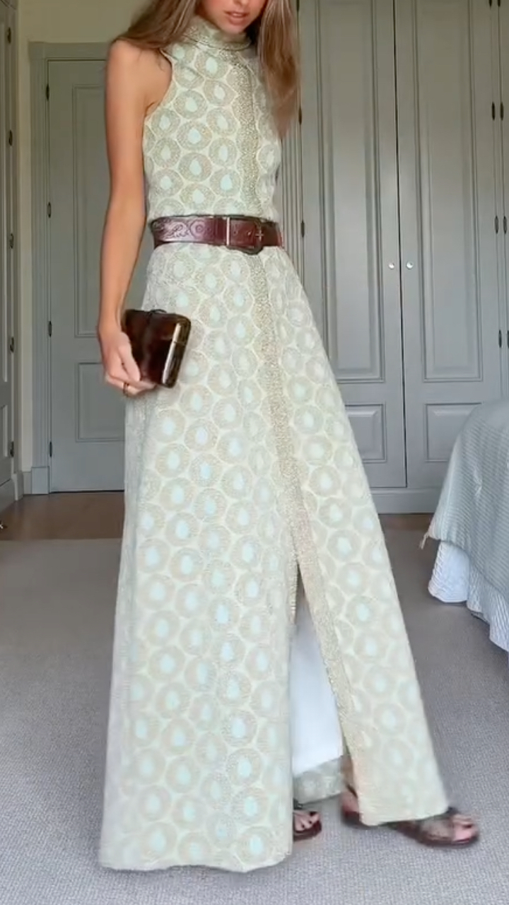 Women's High-Neck, Slit, Printed Elegant Maxi Dress