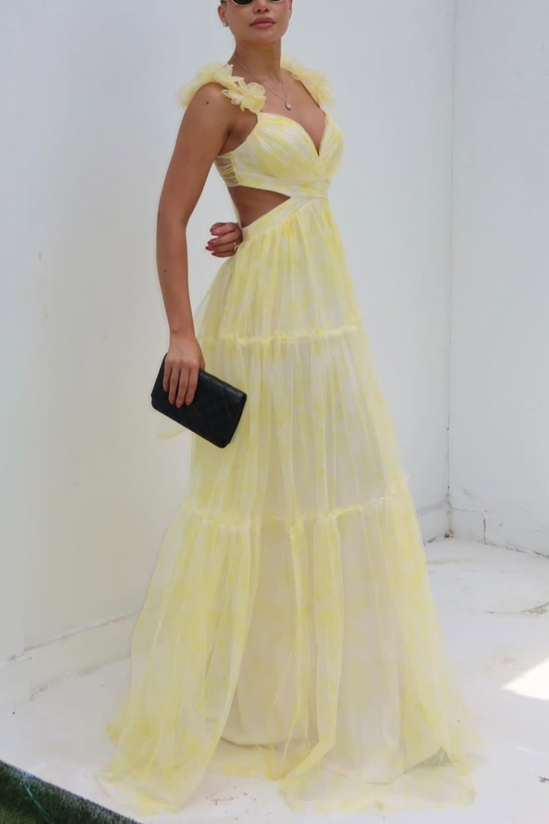 Women's V-Neck Cutout Tiered Tulle Maxi Dress With Flower Straps