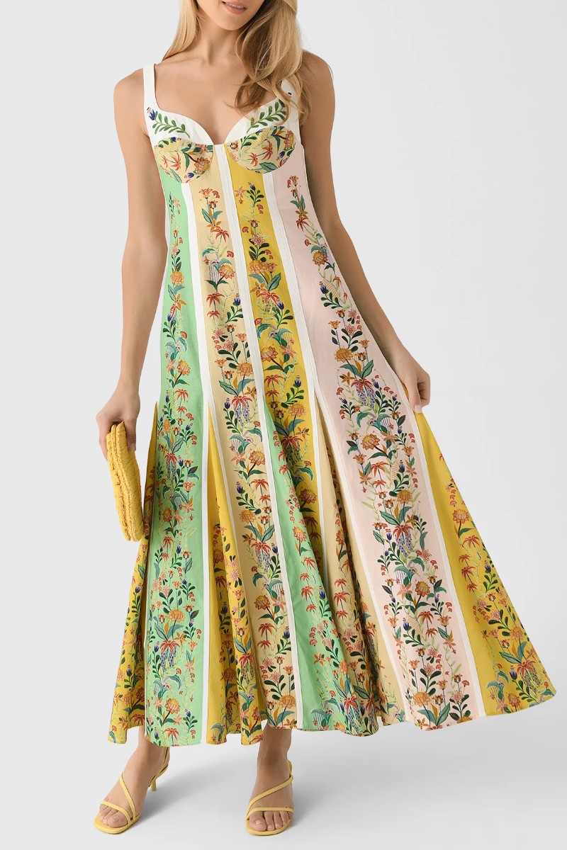 Women's Fresh Color-Blocked Floral Print Sundress Long Dress Vacation Style