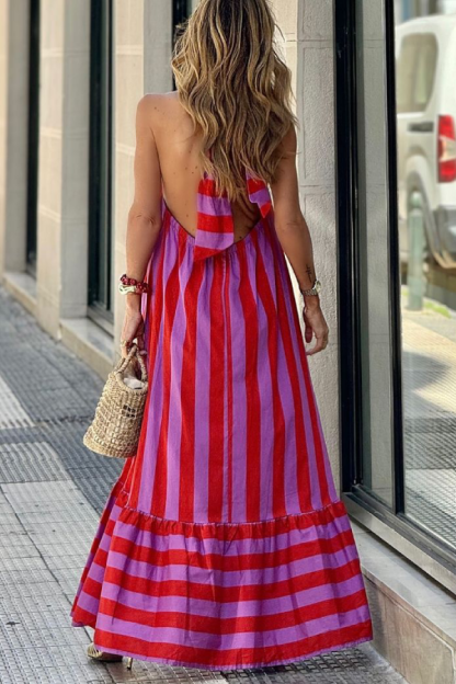 Casual Red Striped Loose Backless Long Dress
