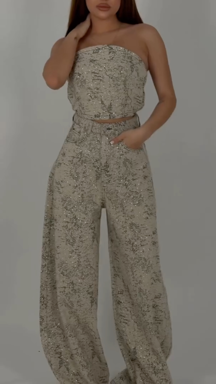 Vintage Sparkle Printed Denim Strapless Two Piece Set