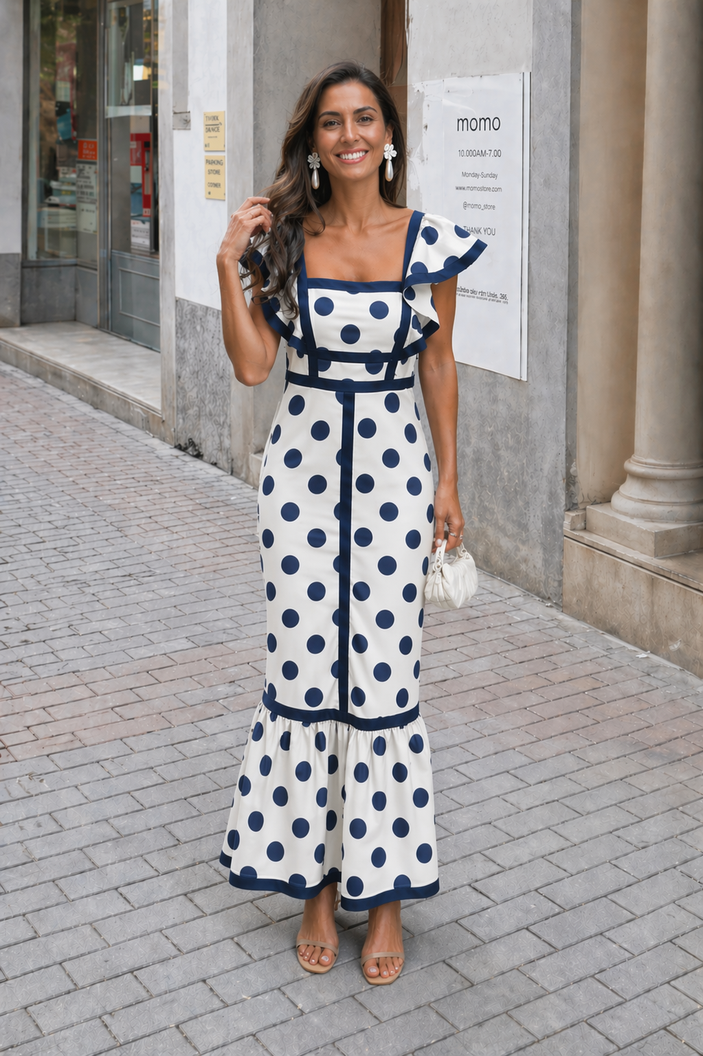 Navy Polka Dot Ruffle Square Neck Midi Dress