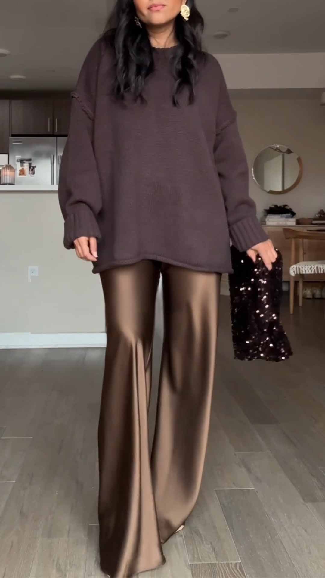 Chocolate Brown Oversized Sweater with Satin Wide - Leg Pants Set