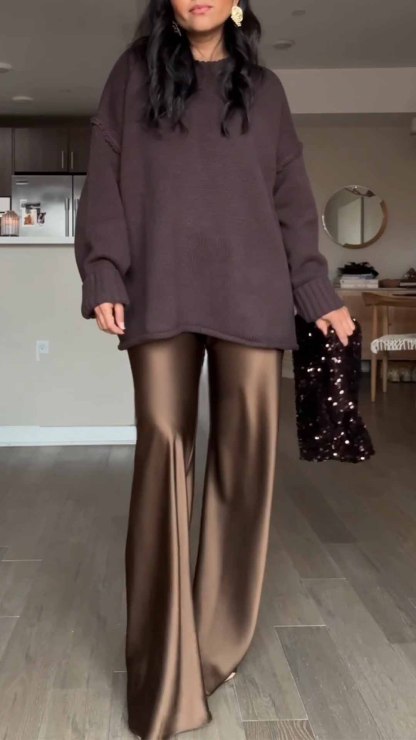 Chocolate Brown Oversized Sweater with Satin Wide - Leg Pants Set