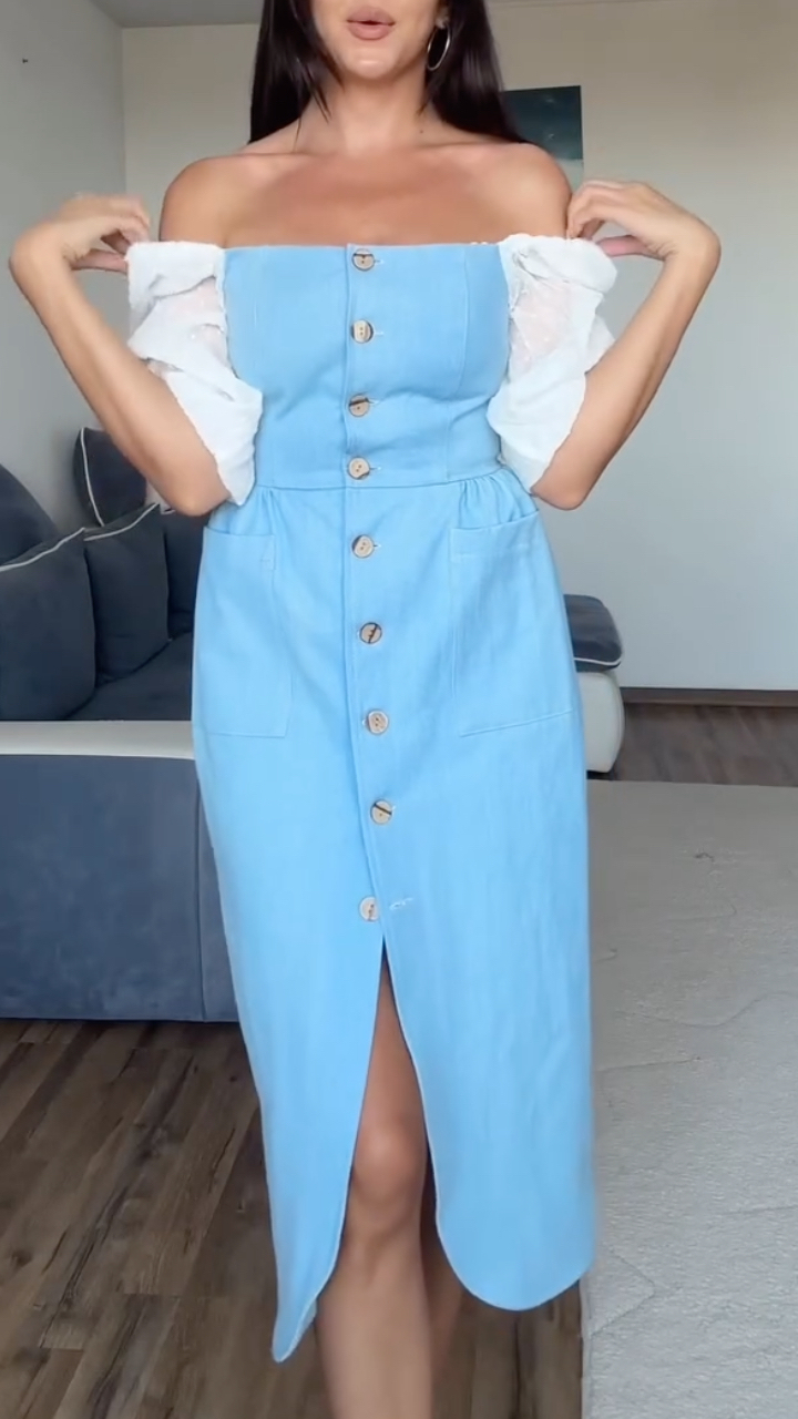 Light Blue Off-Shoulder Puff Sleeve Slit Dress