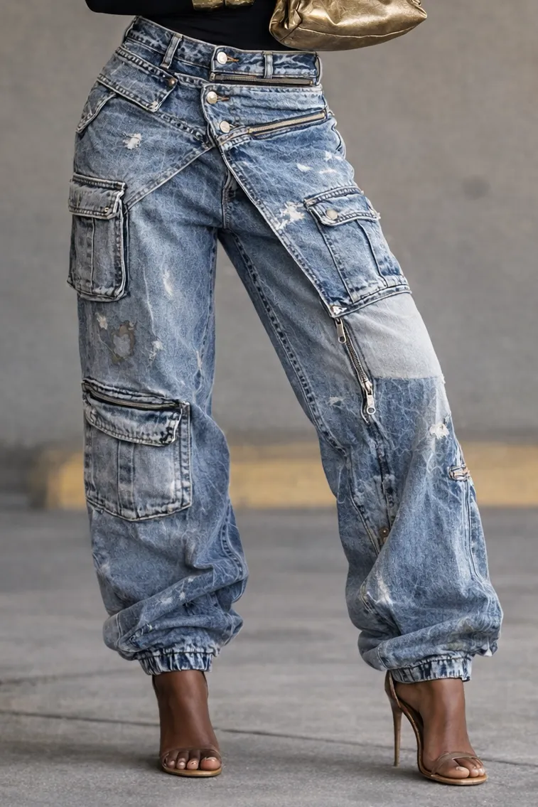 Women's Two-Piece Workwear Zipper Casual Jeans