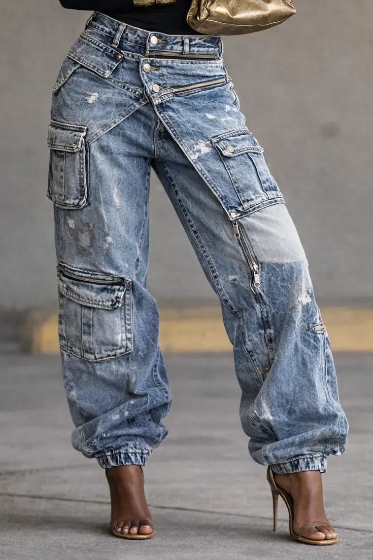 Women's Two-Piece Workwear Zipper Casual Jeans