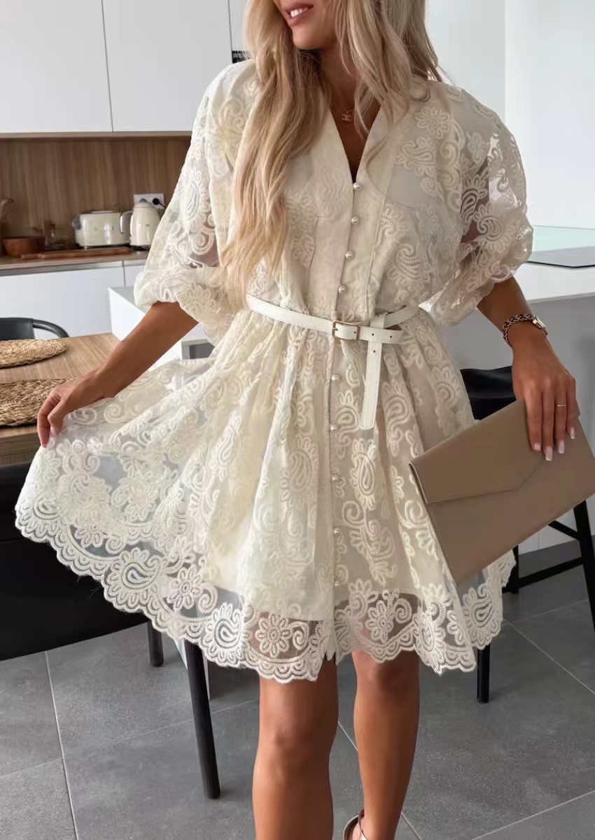 Women's Beige V-Neck Puff Sleeve Lace Embroidered Belted Mini Dress