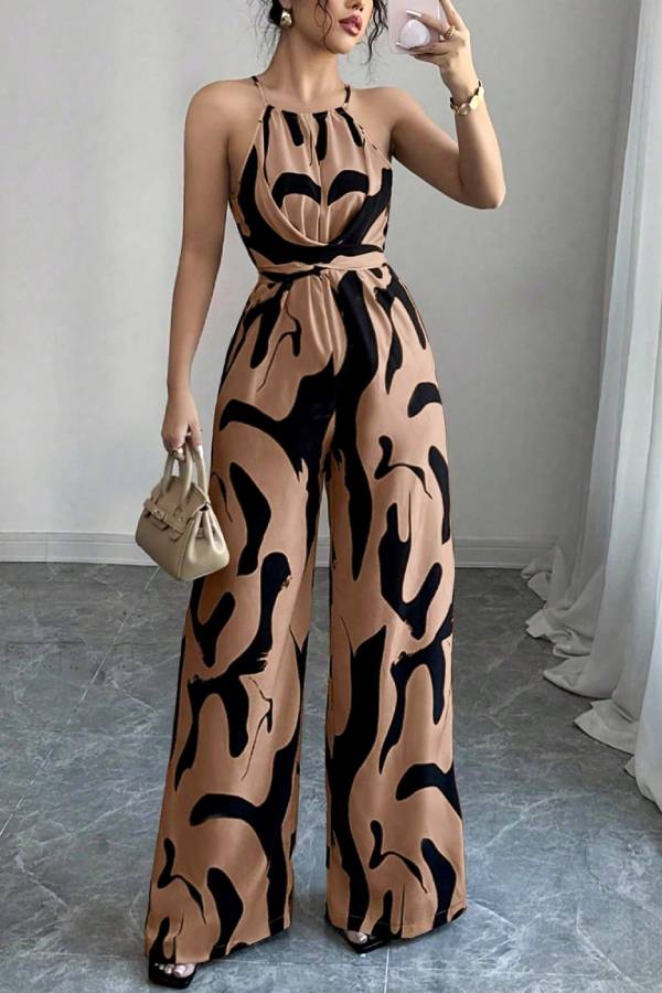 Abstract Print Halter Neck Wide-Leg Jumpsuit
