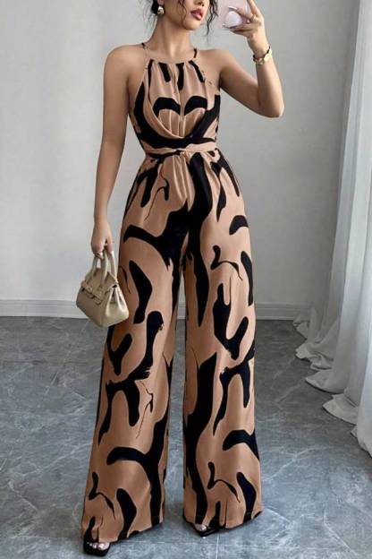 Abstract Print Halter Neck Wide-Leg Jumpsuit