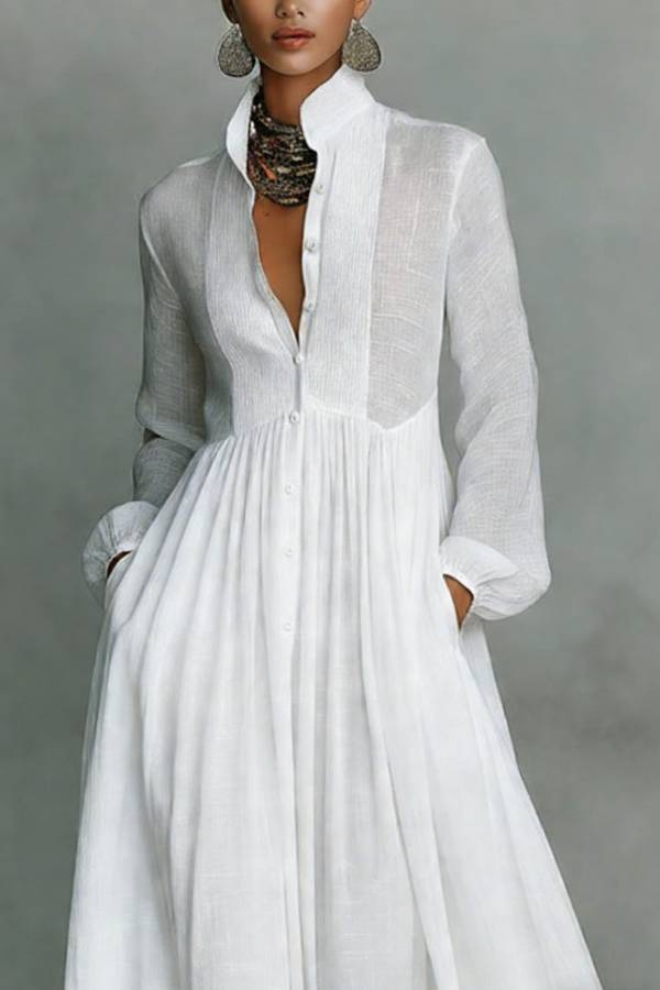 Solid Color Stand Collar Long Sleeve Casual Pocket Maxi Dress