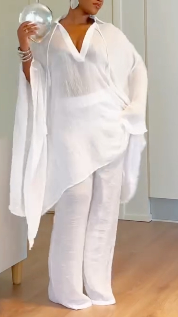Sheer Oversized Tunic & Wide Leg Pants Co‐Ord Set