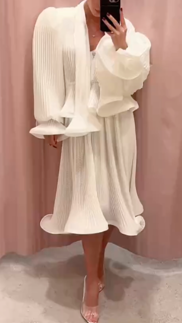 White Pleated Ruffle Two-Piece Dress Set
