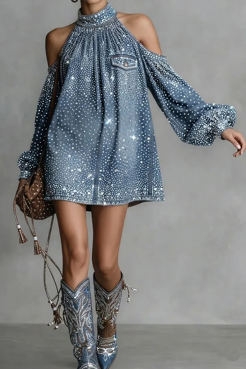 Rhinestone Embellished Denim Halter Neck Cold Shoulder Lantern Sleeve Mini Dress