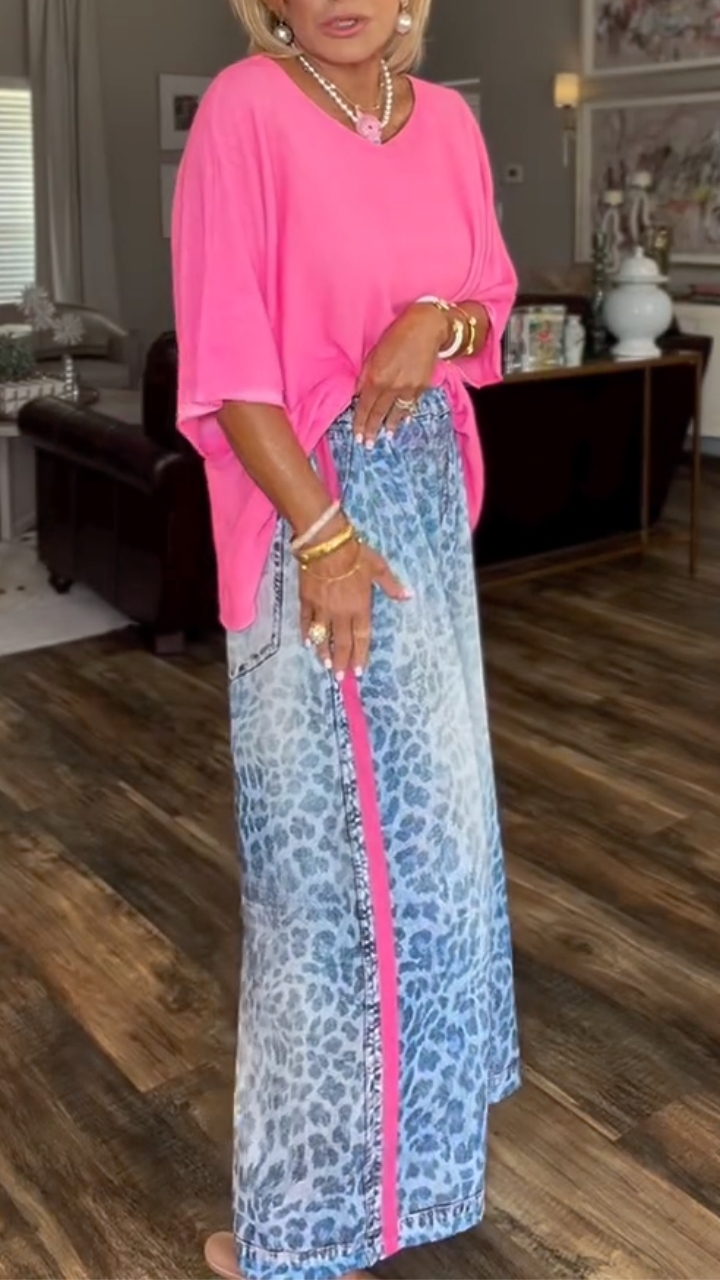 Fluorescent Pink Batwing Sleeve Top + Gradient Blue Leopard Print Wide-Leg Pants Set