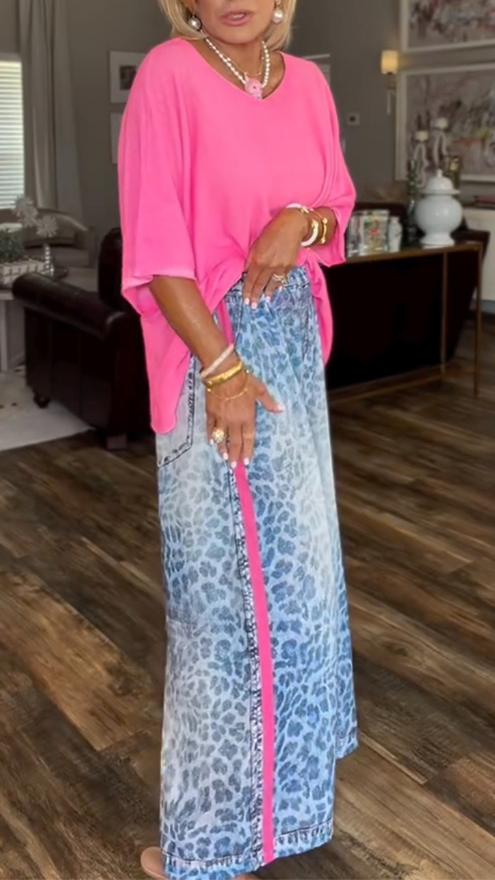 Fluorescent Pink Batwing Sleeve Top + Gradient Blue Leopard Print Wide-Leg Pants Set