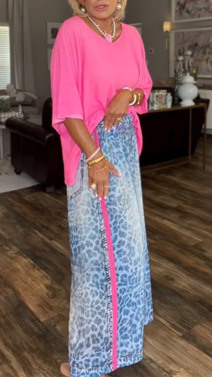 Fluorescent Pink Batwing Sleeve Top + Gradient Blue Leopard Print Wide-Leg Pants Set