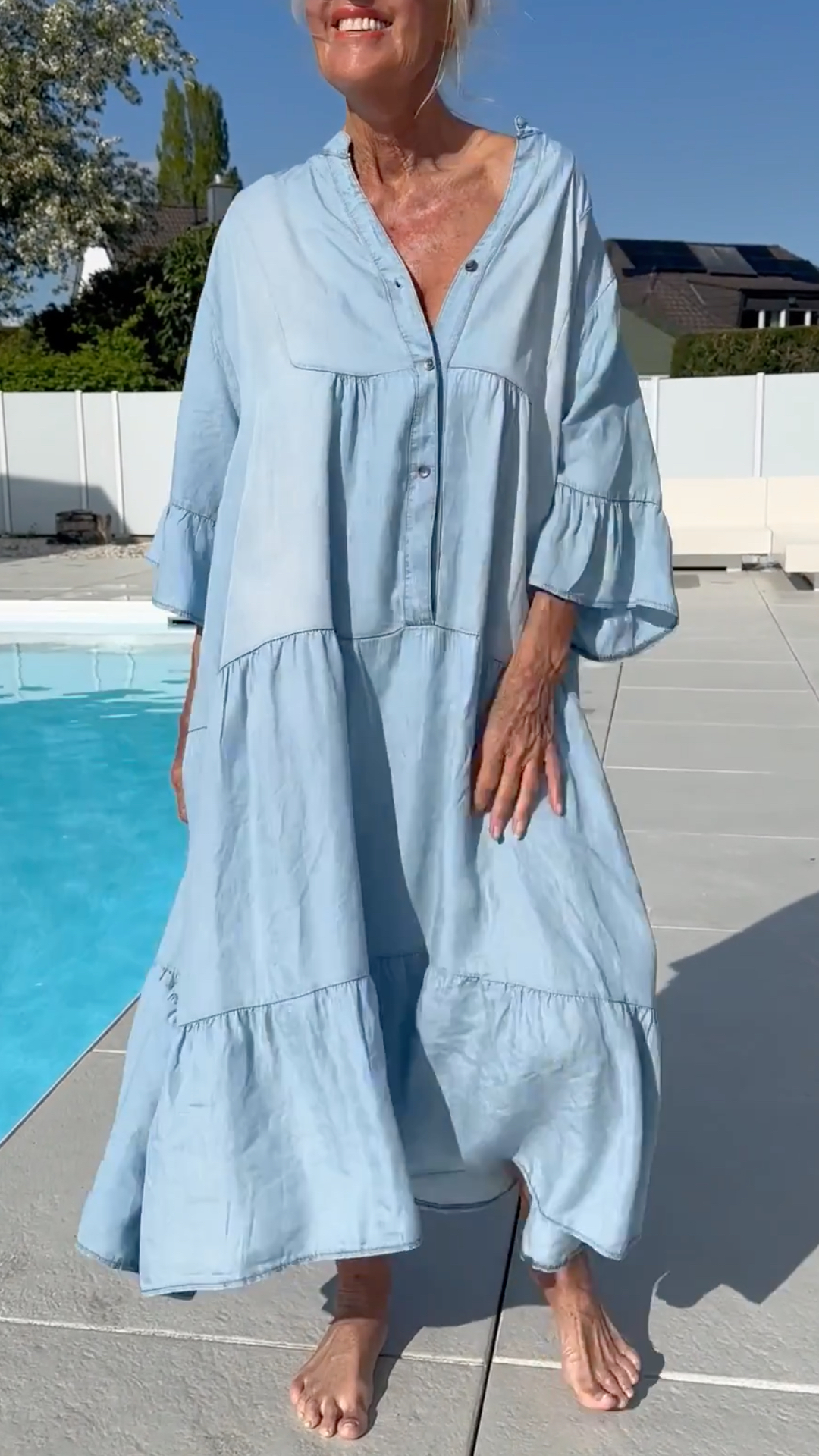 Light Wash Button‐Front Tiered Denim Maxi Dress
