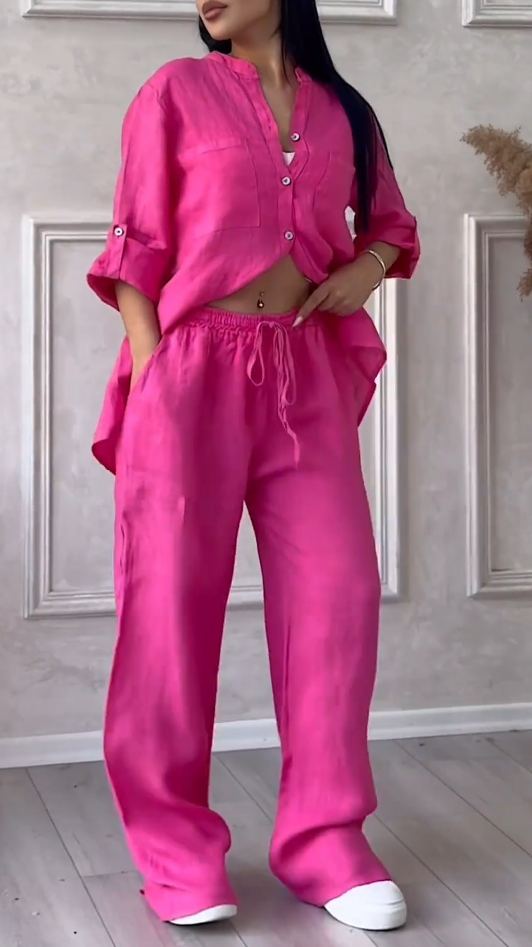 Women's V-neck Cotton and Linen Casual Suit