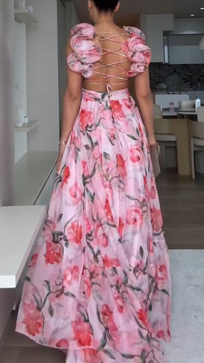 Women's V-neck Waist-tied Back Tie-up Elegant A-line Printed Dress