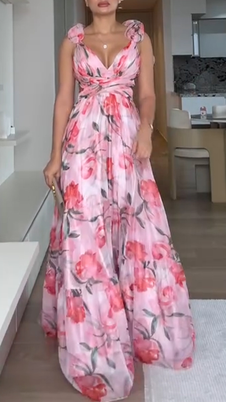 Women's V-neck Waist-tied Back Tie-up Elegant A-line Printed Dress