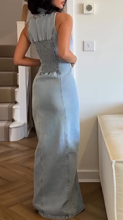 Women's Lapel V-neck Button Waist Denim Dress