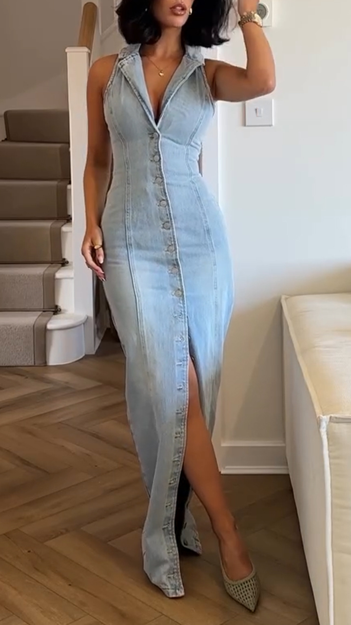 Women's Lapel V-neck Button Waist Denim Dress