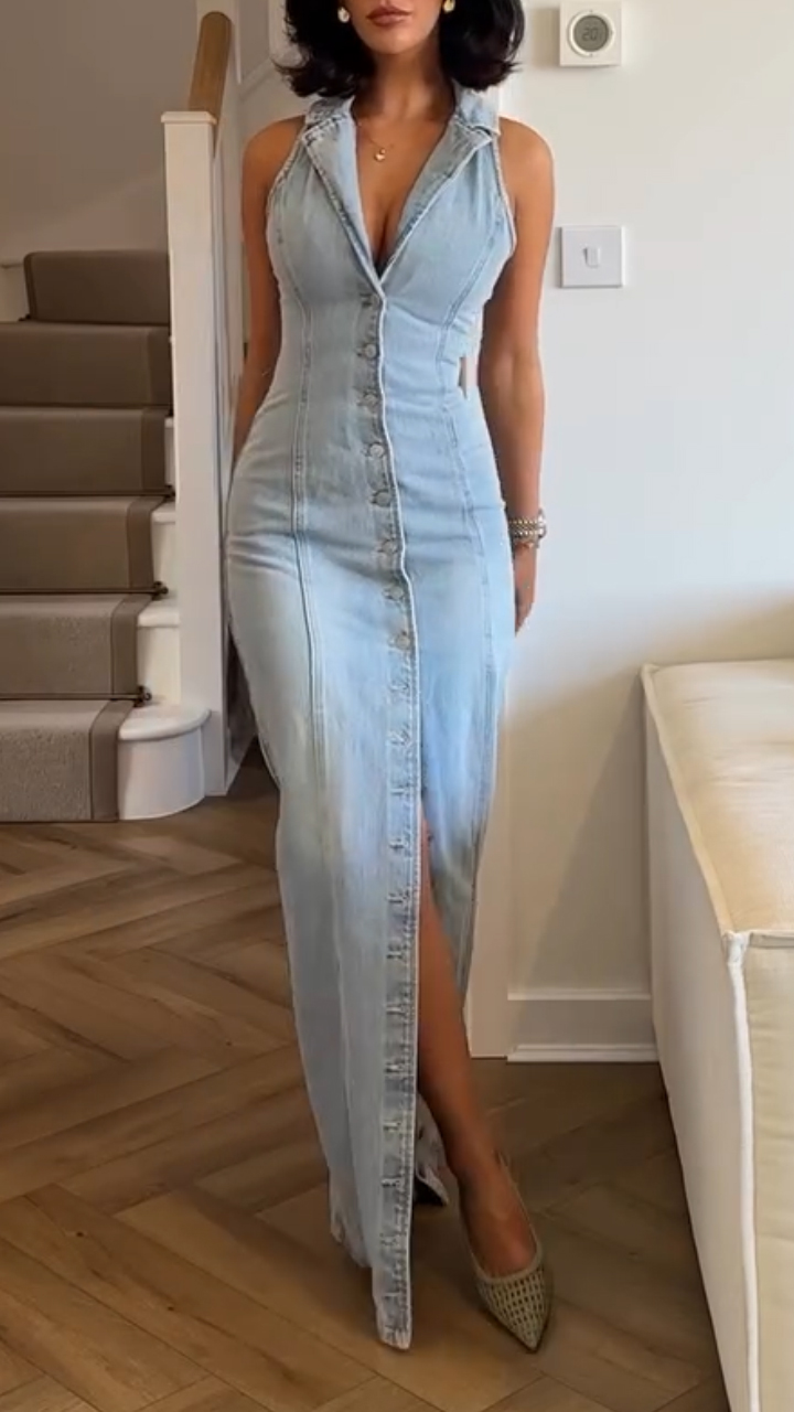 Women's Lapel V-neck Button Waist Denim Dress