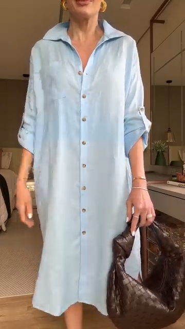 Women's Lapel Cotton and Linen Casual Dress