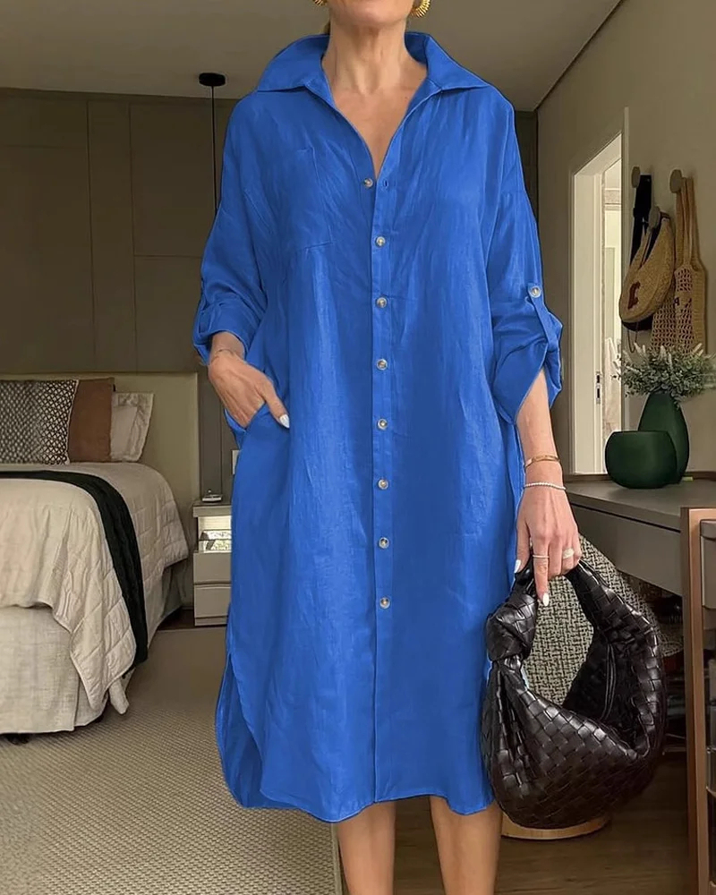 Women's Lapel Cotton and Linen Casual Dress