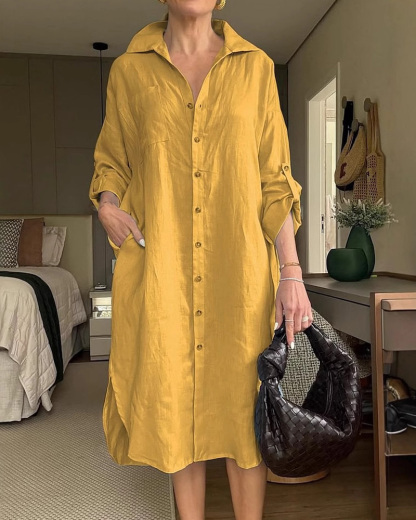 Women's Lapel Cotton and Linen Casual Dress
