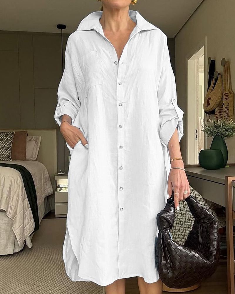 Women's Lapel Cotton and Linen Casual Dress