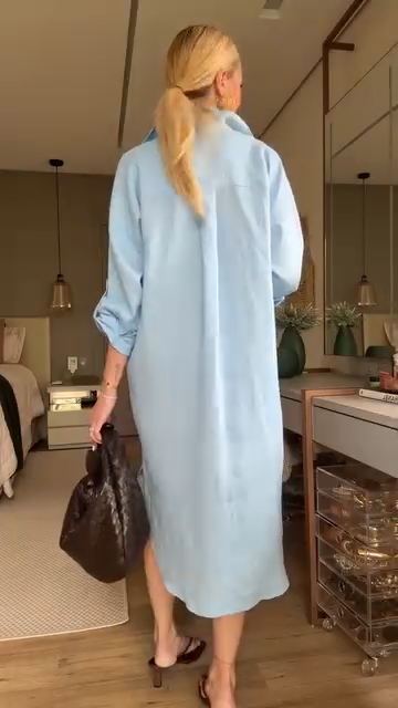 Women's Lapel Cotton and Linen Casual Dress
