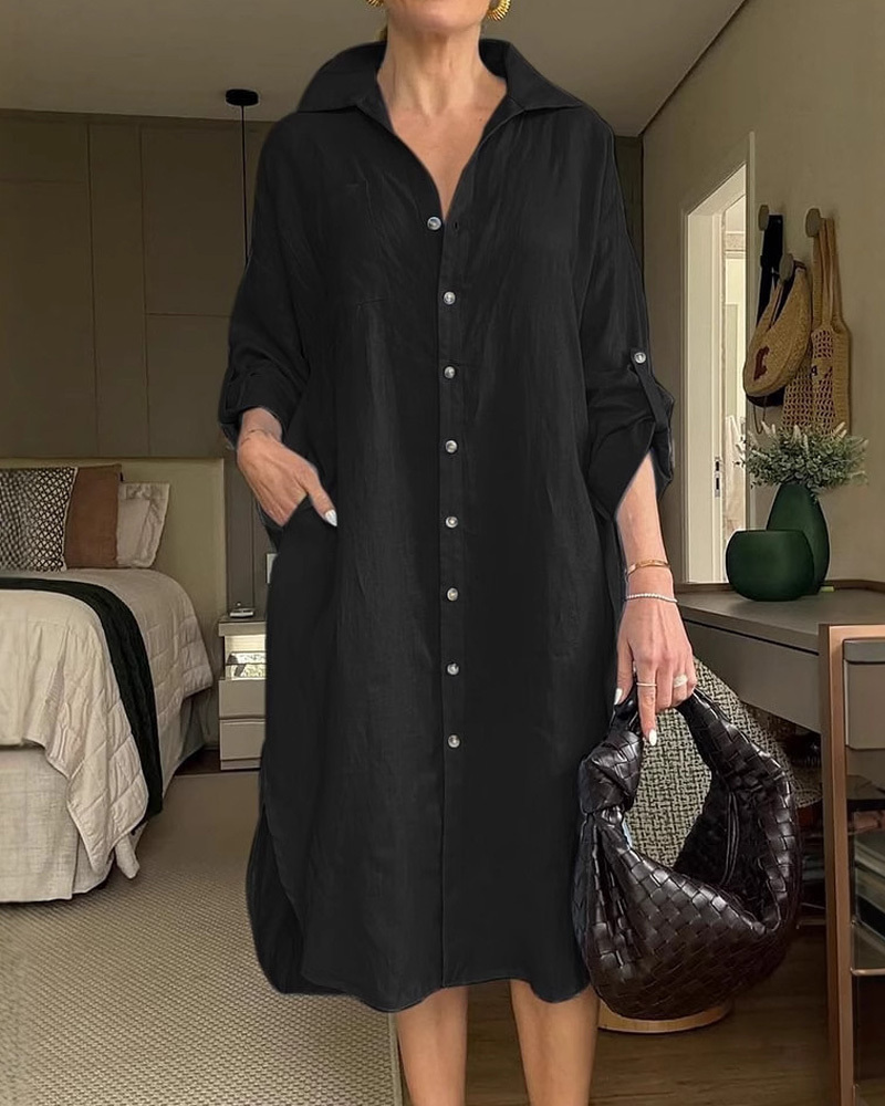 Women's Lapel Cotton and Linen Casual Dress