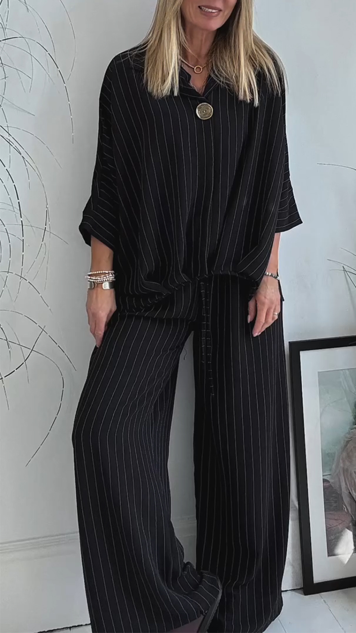 Ladies' Collar Striped Loose Casual Suit
